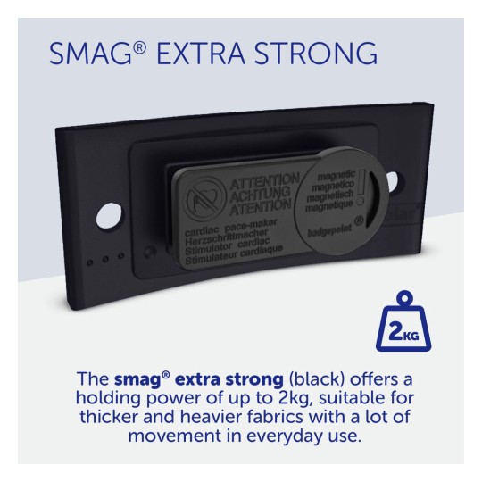 The image features a product called SMAG® Extra Strong, which is a magnetic fastening solution with a holding power of up to 2 kg. It is designed for thick and heavy fabrics and is suitable for everyday use. Warnings about using the magnet near pacemakers are also present.