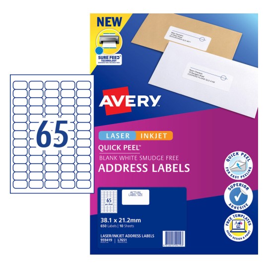Quick Peel Address Labels with Sure Feed 959419 Content: 650 Labels / 10 Sheets