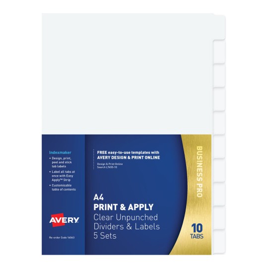 Print & Apply Label Dividers, Unpunched Clear, 10 Tabs 16063