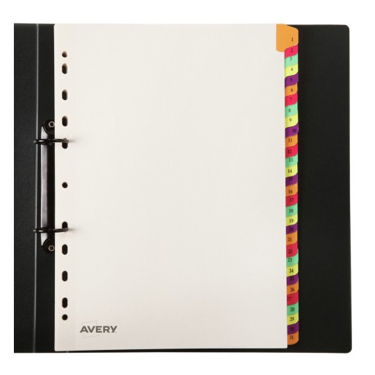 The image shows a black binder with dividers. It contains white pages and colorful tabbed dividers labeled 1 to 31.