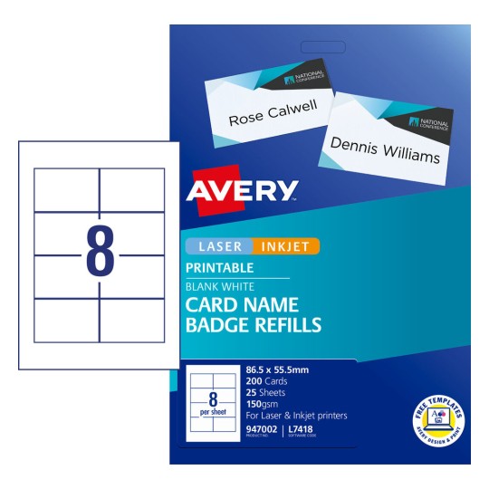 Avery L7427 Fabric Print & Divide Name Badges Labels for Laser Printers 88  x 52mm 150 Labels