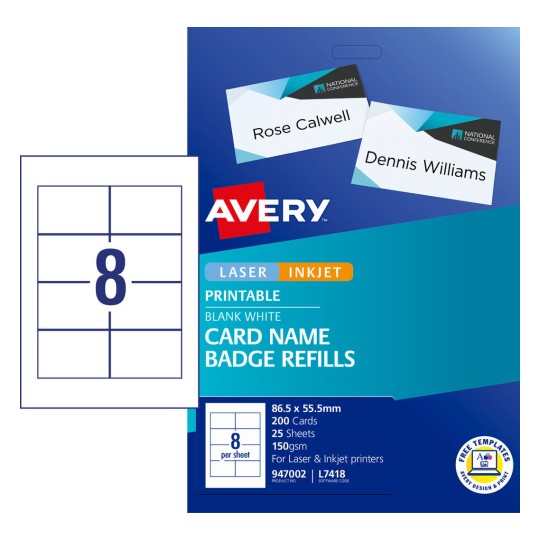 Card Name Badge Refills 947002 Content: 200 Cards / 25 Sheets