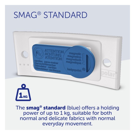 The image shows the SMAG® Standard, a blue magnetic badge holder that can hold up to 1 kg. It includes warnings for pacemaker users and indicates suitability for various fabric types.