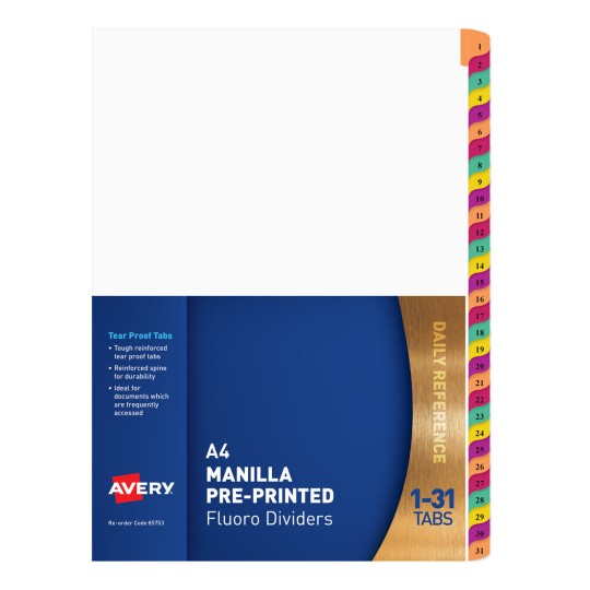 Pre-printed Dividers, Fluoro, 1-31 Tabs 85753