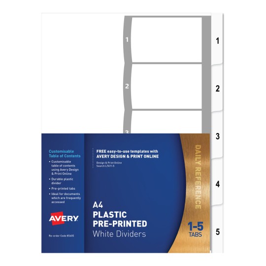 Plastic Pre-printed Dividers, White, 1-5 Tabs 85605