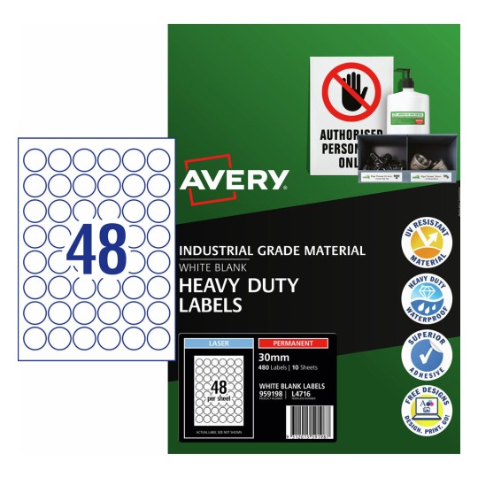 White Heavy Duty Labels 959198 Content: 480 Labels / 10 Sheets