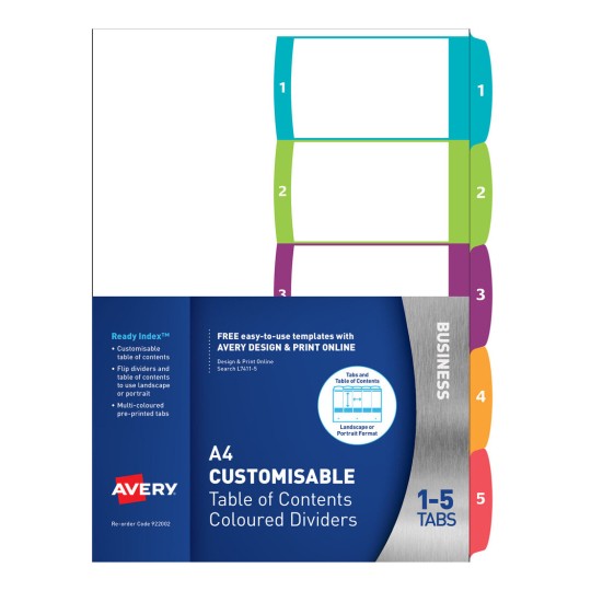 Customisable Table of Contents Dividers, 1-5 Tabs, Landscape/Portrait 922002