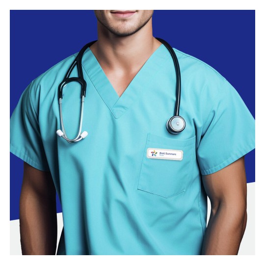 The image features a person wearing a teal medical scrub shirt with a stethoscope around their neck. They have a name tag on the shirt, which seems to read 'Brett Summers'. The background is a solid color, contrasting with the scrub.