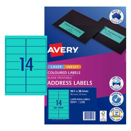 Avery Aqua Coloured Labels 959423 Content: 70 Labels / 5 Sheets