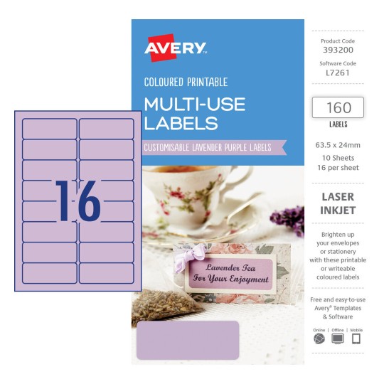 Lavender Purple Coloured Labels 393200 Content: 160 Labels / 10 Sheets