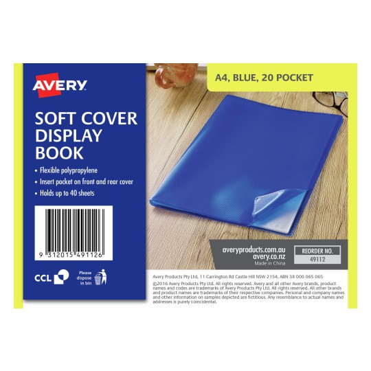 The image shows a blue soft cover display book from Avery, featuring details about its features such as flexible polypropylene material, insert pockets on the front and rear cover, and capacity to hold up to 40 sheets. The background includes a light-colored wooden surface.