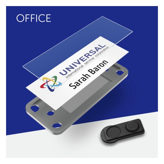 The image shows a business card holder with a card displaying the name Sarah Baron and the logo of Universal International Service Corporation. The background is a mix of blue and white colors.