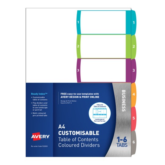 Customisable Table of Contents Dividers, 1-6 Tabs, Landscape/Portrait 922003