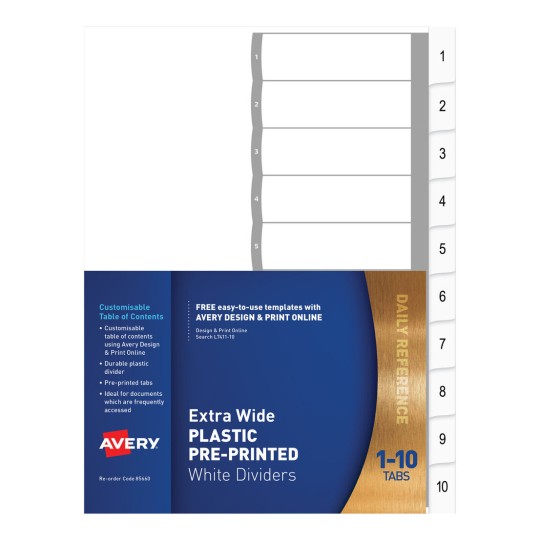 Plastic Pre-printed Dividers, Extra Wide, White, 1-10 Tabs 85660