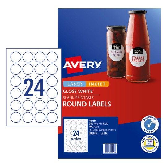 Glossy Round Labels 980052 Content: 240 Labels / 10 Sheets