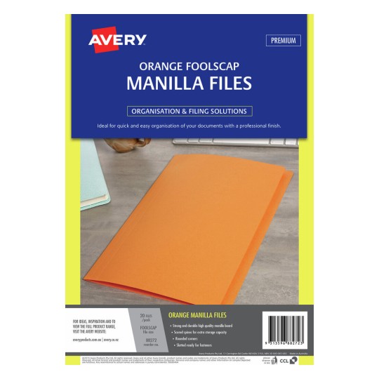 The image shows a pack of Avery orange manilla files designed for organization and filing solutions. The packaging highlights features such as strong and durable material, scored spines for extra storage, and includes information on the number of files per pack.