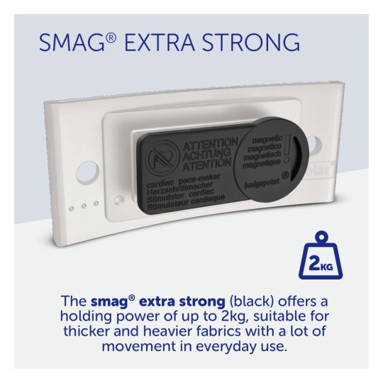 The image shows a product called SMAG® Extra Strong, which features a magnetic fastener with a holding power of up to 2kg, designed for thicker and heavier fabrics. It includes warning signs for users with cardiac pacemakers.