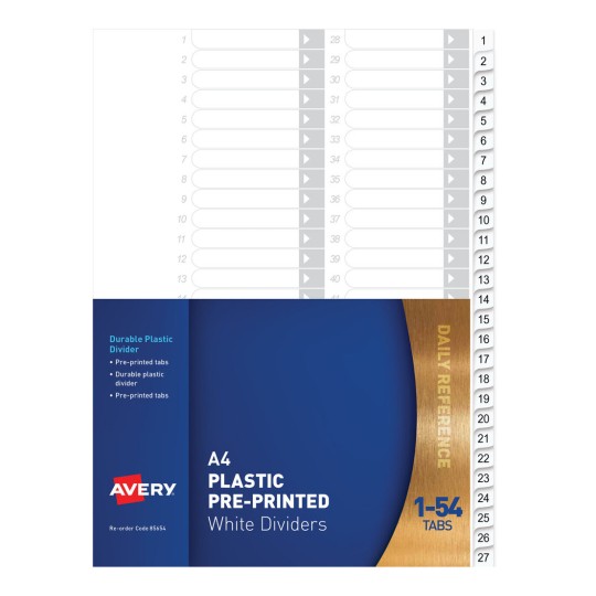 Plastic Pre-printed Dividers, White, 1-54 Tabs 85654