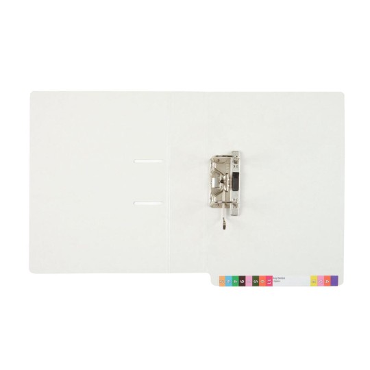 The image features a white folder opened to show a small metal binder clip located in the center. The folder includes tabs on the bottom with various colors.