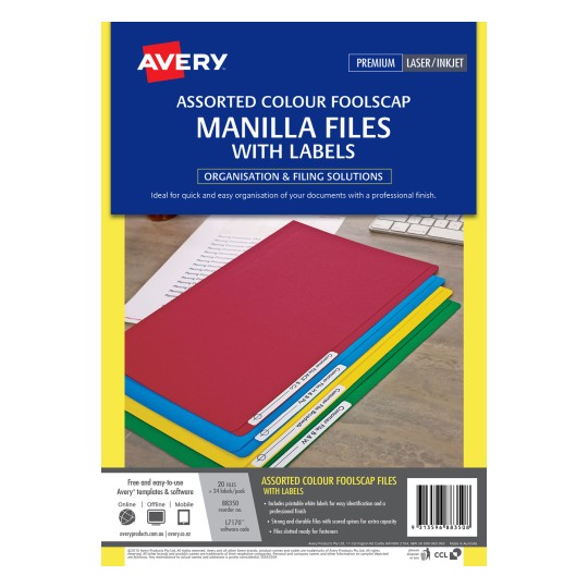 Assorted Colours Manilla Folder with Labels | 88350 | Avery Australia