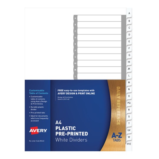 Plastic Pre-printed Dividers, White, A-Z Tabs 85622