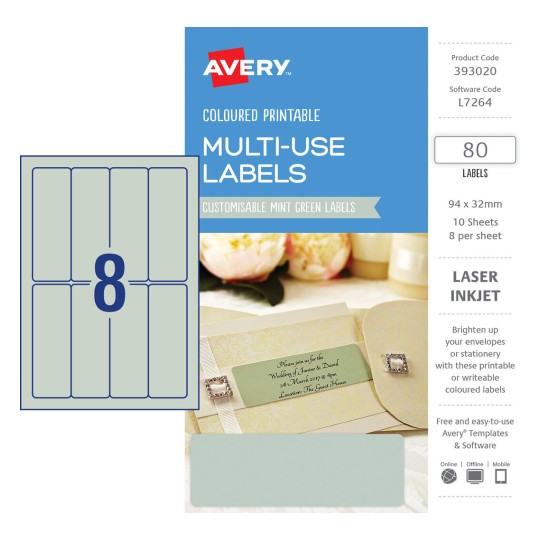 Mint Green Coloured Labels 393020 Content: 80 Labels / 10 Sheets