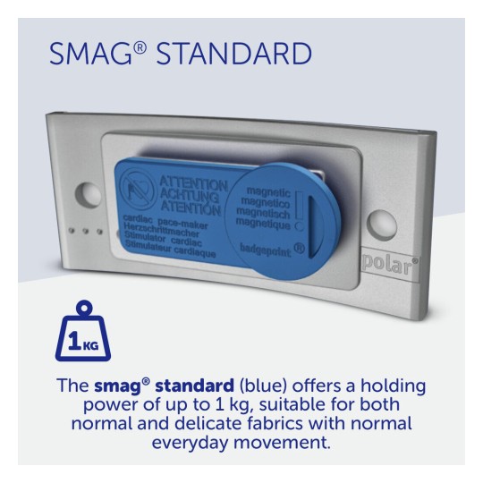 The image displays the SMAG® Standard, a blue magnetic device for holding up to 1 kg, suitable for different fabric types. It includes cautionary instructions for use with cardiac pacemakers in multiple languages.