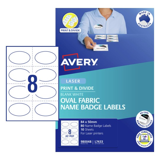 Oval Print & Divide Fabric Name Badge Labels 980048 Content: 80 Badges / 10 Sheets
