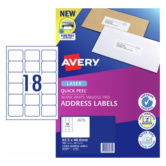 Quick Peel Address Labels with Sure Feed 952001 Content: 360 Labels / 20 Sheets