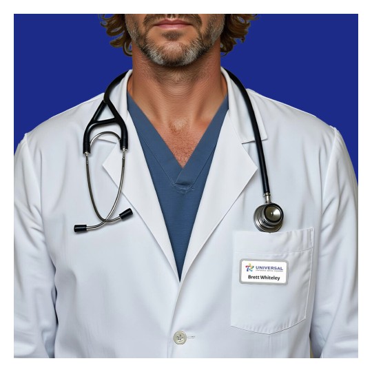 The image shows a man in a white lab coat with a stethoscope. He has a blue scrub underneath and a name tag on his coat pocket.