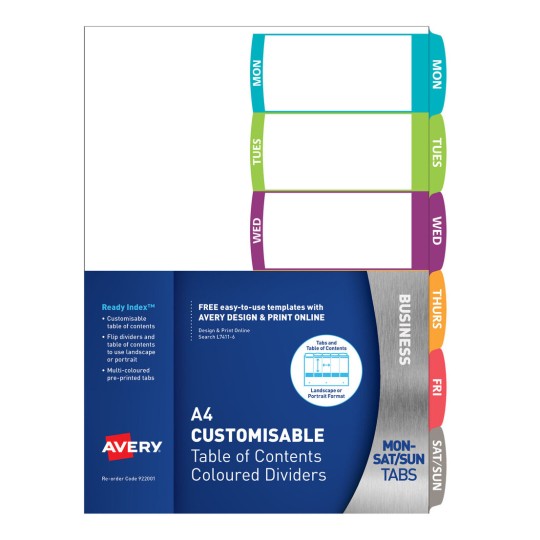 Customisable Table of Contents Dividers, Days Tabs, Landscape/Portrait 922001