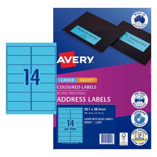 Avery Skye Blue Coloured Labels 959422 Content: 70 Labels / 5 Sheets