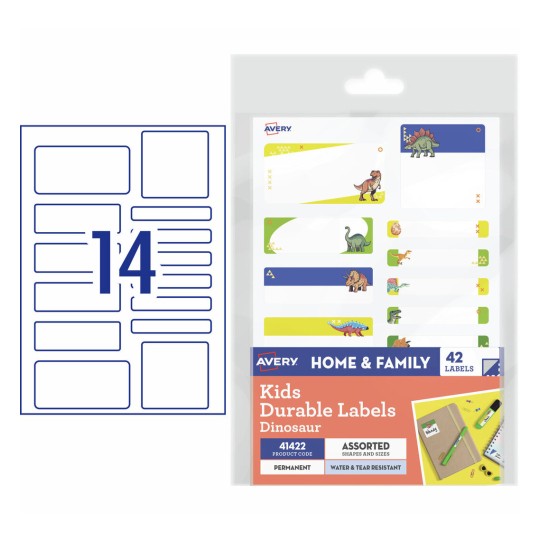 Avery Kids Durable Labels "Dinosaur" 41422 Content: 42 Labels / 3 Sheets