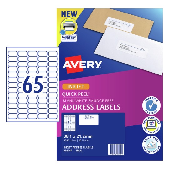 Quick Peel Address Labels with Sure Feed 936049 Content: 3250 Labels / 50 Sheets
