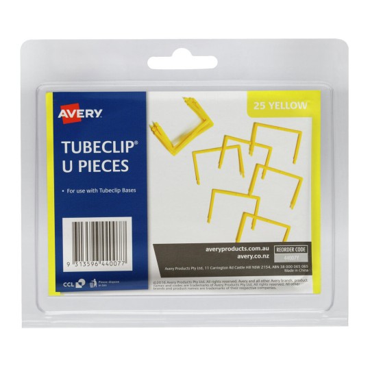 The image shows a packaging of Avery TubeClip U Pieces, containing 25 yellow U-shaped clips for use with Tubeclip bases.