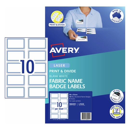 Fabric Print & Divide Name Badge Labels with Blue Border 980091 Content: 50 Labels / 5 Sheets