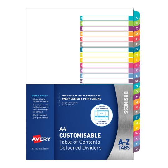 Customisable Table of Contents Dividers, A-Z Tabs, Landscape/Portrait 922007