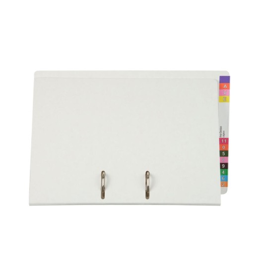 The image shows a white binder with visible metal rings and colored tabs on the side for organization. It appears designed for holding documents or reports.