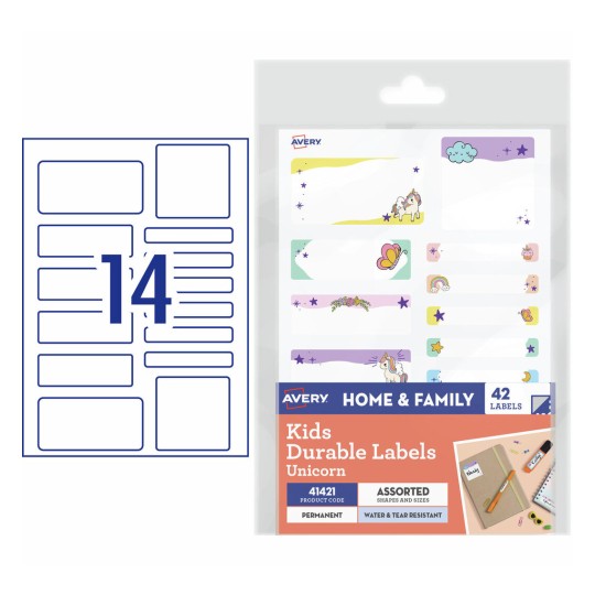 Avery Kids Durable Labels "Unicorn" 41421 Content: 42 Labels / 3 Sheets