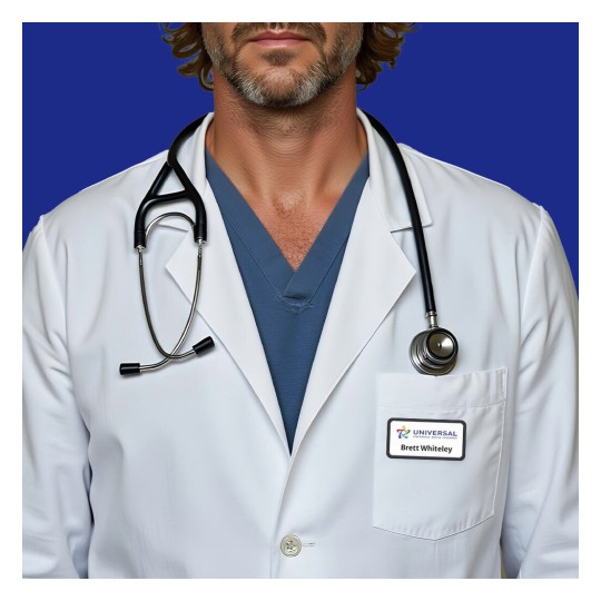 The image features a person wearing a white lab coat over a blue scrub top, with a stethoscope draped around their neck. A name tag is visible on the coat, indicating 'Brett Whiteley'. The background is a solid blue color.