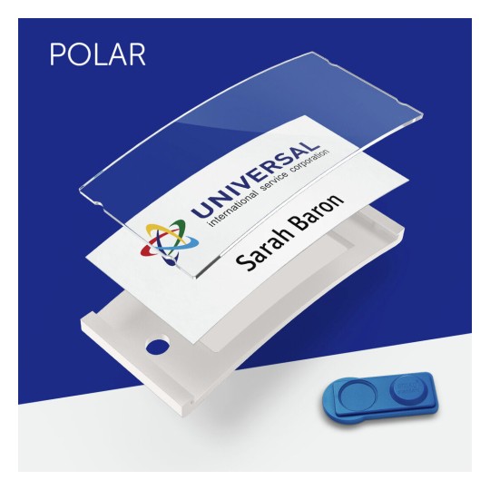 The image features a name badge with a transparent protective layer, showing the name 'Sarah Baron' and the company logo for 'Universal International Service Corporation'. The badge is styled against a blue background, and there's a blue button-like object beside it.