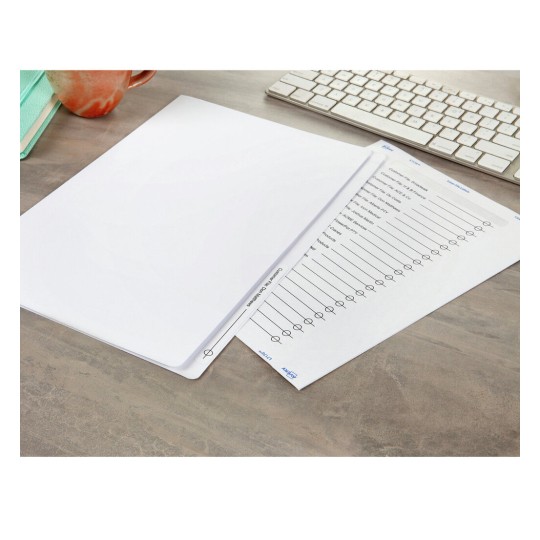 An image of a workspace featuring a folder with blank sheets, a checklist page, a keyboard, and a ceramic mug.