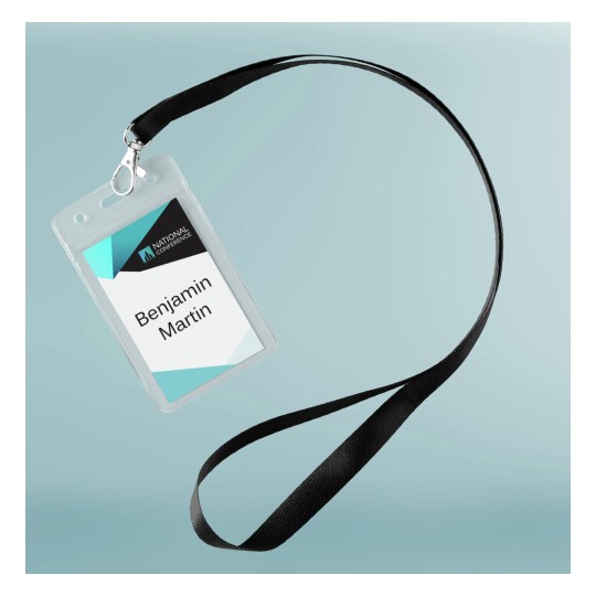 The image shows a name badge on a black lanyard. The badge displays the name 'Benjamin Martin' and is associated with a national conference.