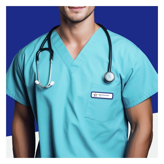 The image shows a person wearing scrubs and a stethoscope. The scrubs are teal, and the person appears to be a medical professional with a name tag visible.