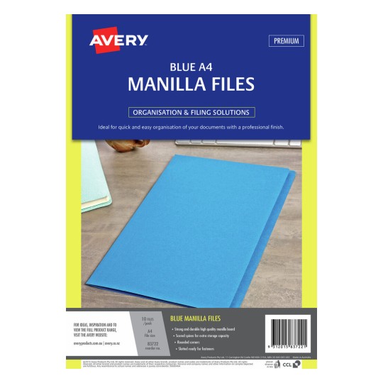 The image displays a packaging of blue A4 manilla files by Avery. The front shows vibrant labeling about the product, highlighting features like organization and premium quality. There are also several blue files visible in a practical setting.