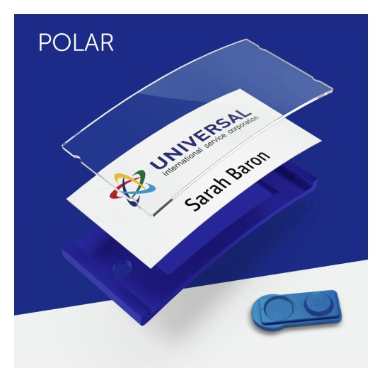 The image features a name badge design. It includes a clear plastic cover with the name 'Sarah Baron' and the logo of 'UNIVERSAL international service corporation' on a white card, placed on a blue background. A blue badge holder is visible at the bottom.