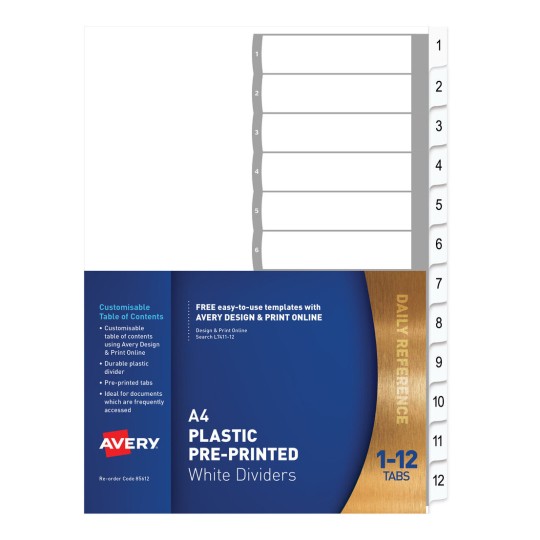 Plastic Pre-printed Dividers, White, 1-12 Tabs 85612