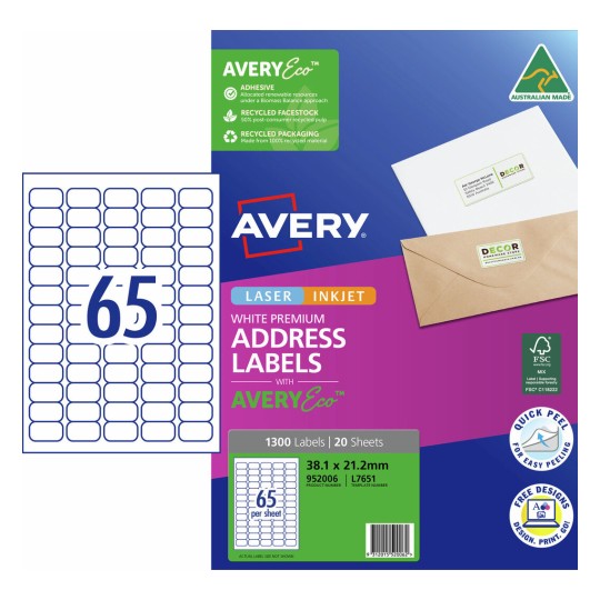 Premium Address Labels with AveryEco™ 952006 Content: 1300 Labels / 20 Sheets