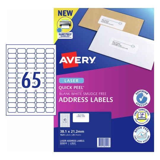 Quick Peel Address Labels with Sure Feed 959012 Content: 1625 Labels / 25 Sheets