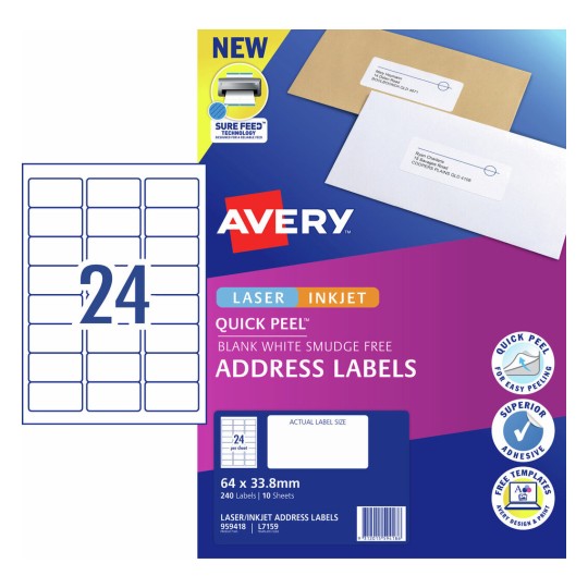 Quick Peel Address Labels with Sure Feed 959418 Content: 240 Labels / 10 Sheets